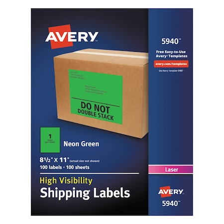 Avery High-Visibility Permanent Laser ID Labels, 8 1/2 x 11, Neon Green, 100PK 5940